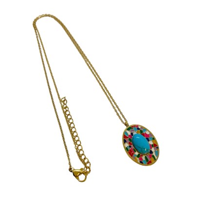 necklace steel gold oval with blue stone